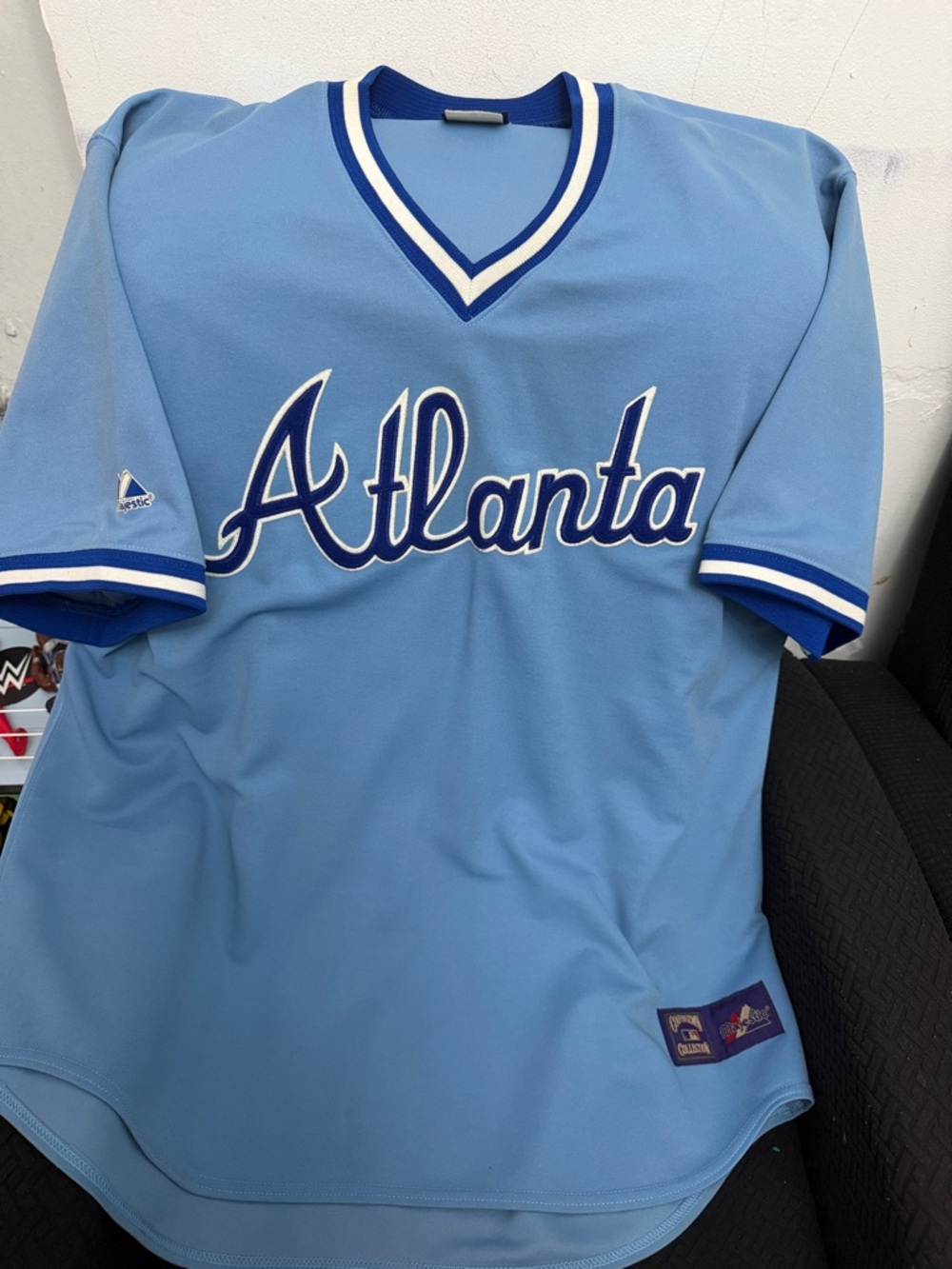 Atlanta Script Jersey in Light Blue with Navy Trim